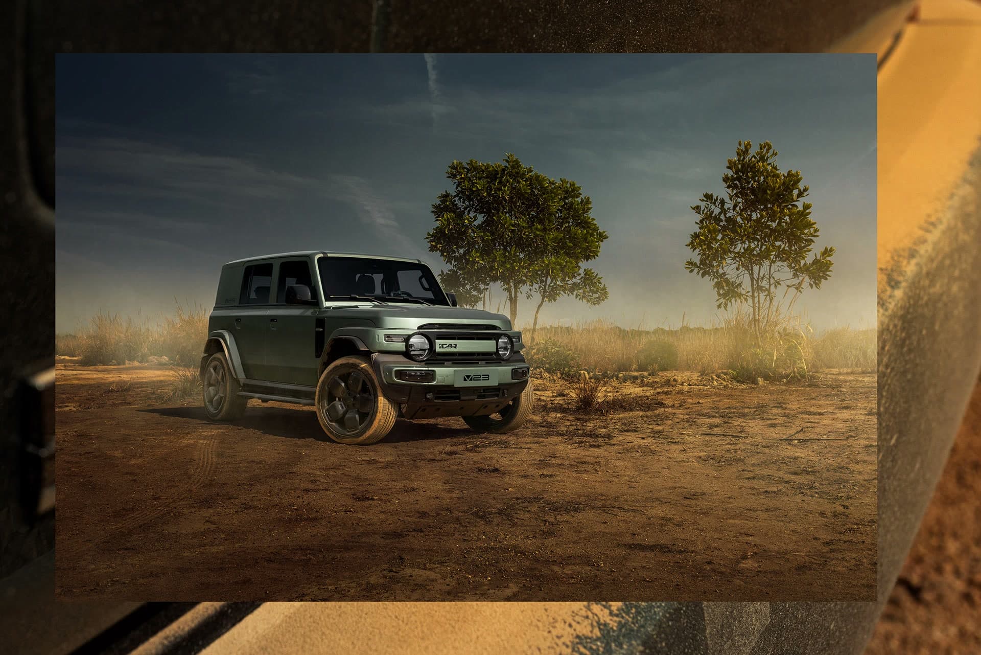iCAUR V23 parked off-road in a rocky landscape